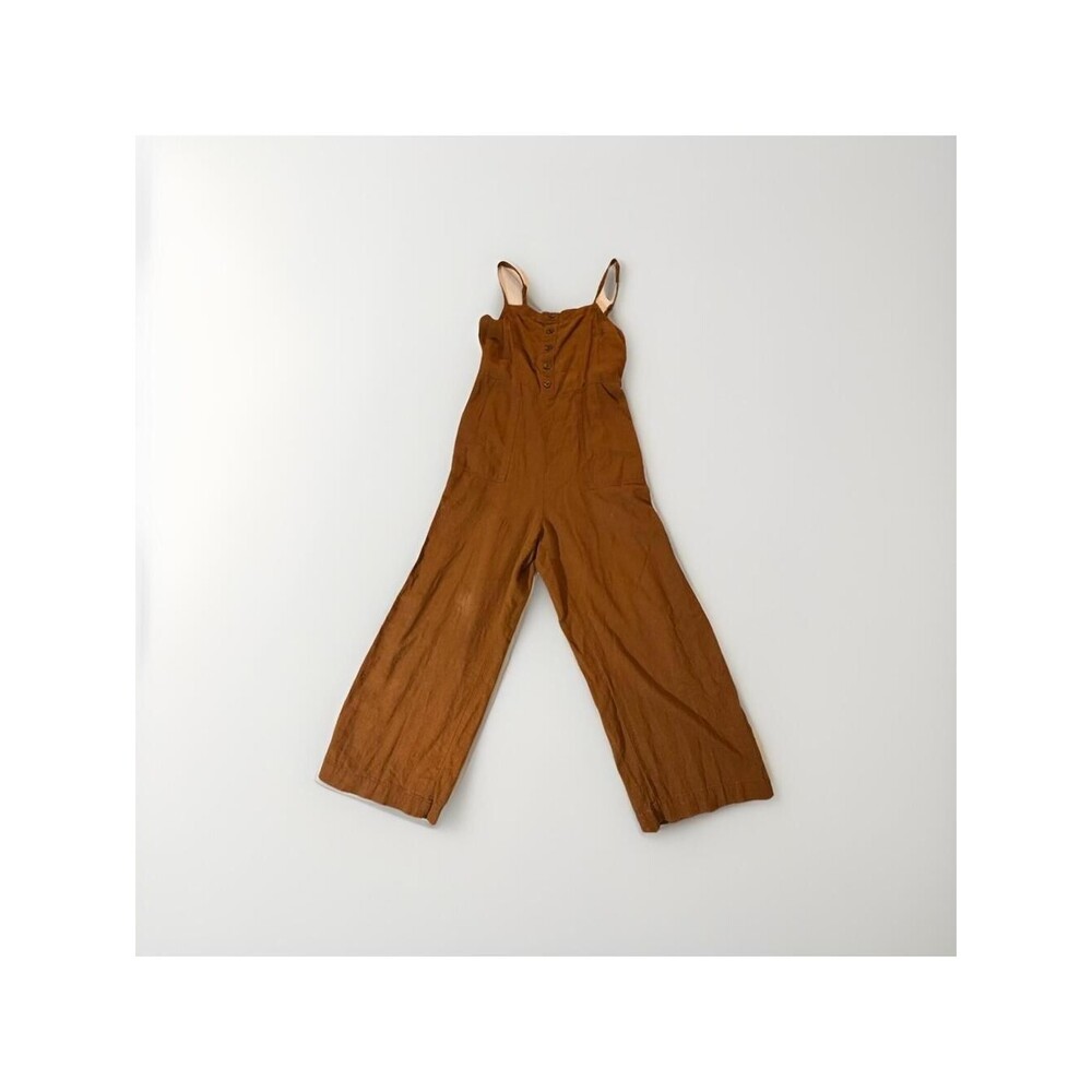 Moon River Brown Linen Blend Wide Leg Jumpsuit Womens Small Smocked Back